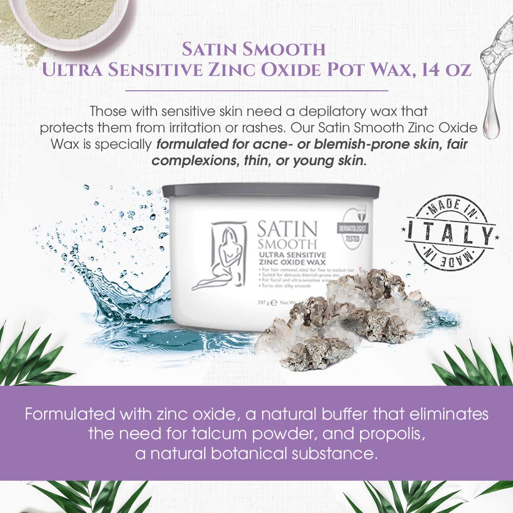Satin Smooth Ultra Sensitive Zinc Oxide Wax, Hair Removal for Fine to Medium Hair, Safe for Delicate & Sensitive Skin, Waxing Kit, 14 oz, 1-Pack