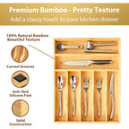 Bamboo Kitchen Drawer Organizer, 13 Inch Silverware Utensil Tray Holder, Extra Deep Grooved Drawer Divider, 7 Slots Total Bamboo Wood Caddy For Flatware Cutlery Knives, Forks, Spoons