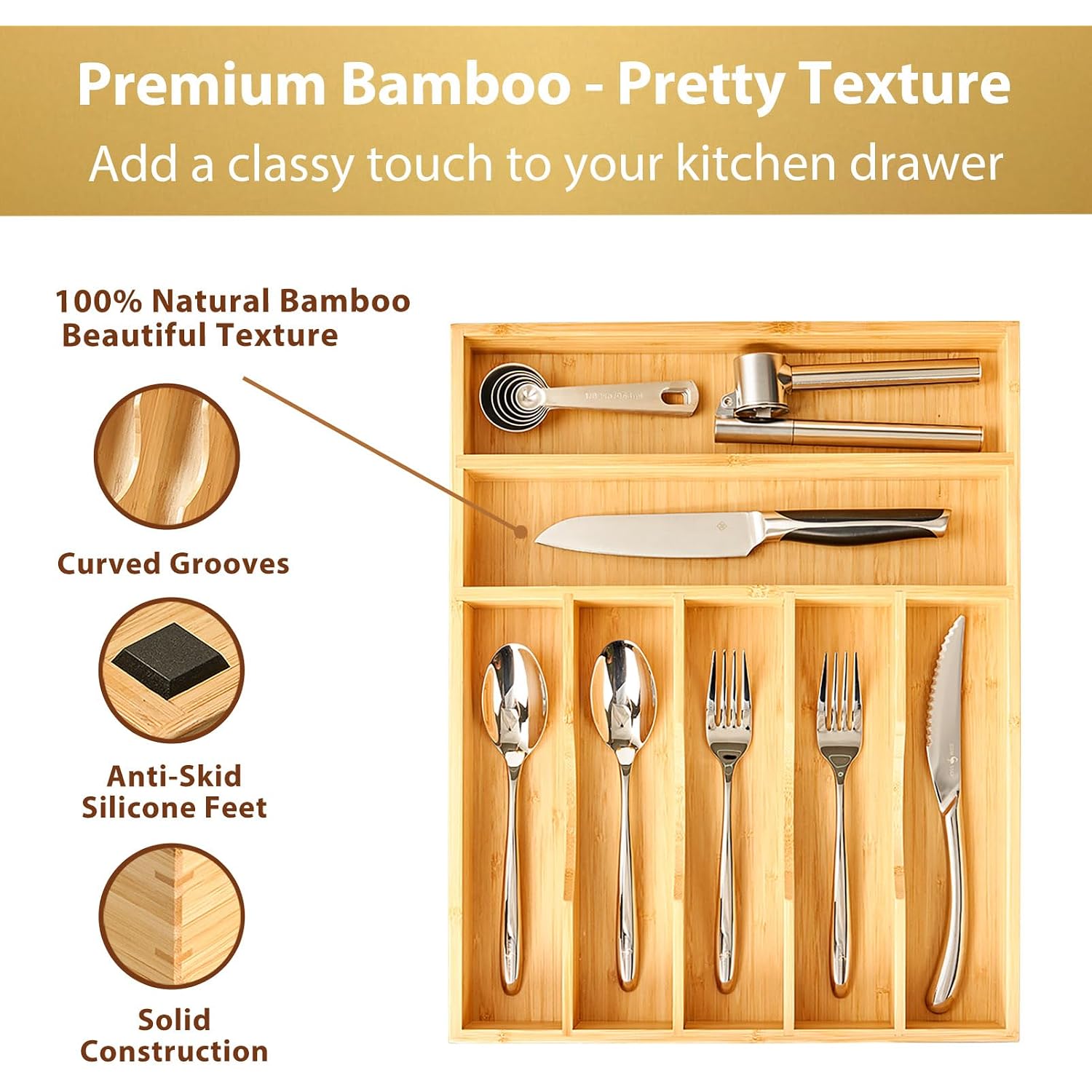 Bamboo Kitchen Drawer Organizer, 13 Inch Silverware Utensil Tray Holder, Extra Deep Grooved Drawer Divider, 7 Slots Total Bamboo Wood Caddy For Flatware Cutlery Knives, Forks, Spoons