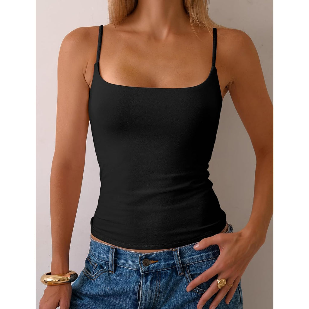Women Cotton Cami Tops Built-in Shelf Bra Unpadded Square Neck Crop Tank Top Fitted Basic Camisole Going Out Tees