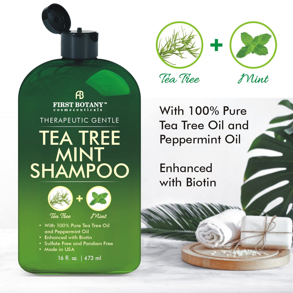 First Botany Tea Tree Mint Shampoo & Conditioner For Men & Women - Pure Tea Tree & Peppermint Oil - Fights Hair Loss, Dandruff, Lice & Itchy Scalp, Promotes Hair Growth - Sulfate Free - 16 Fl Oz X 2