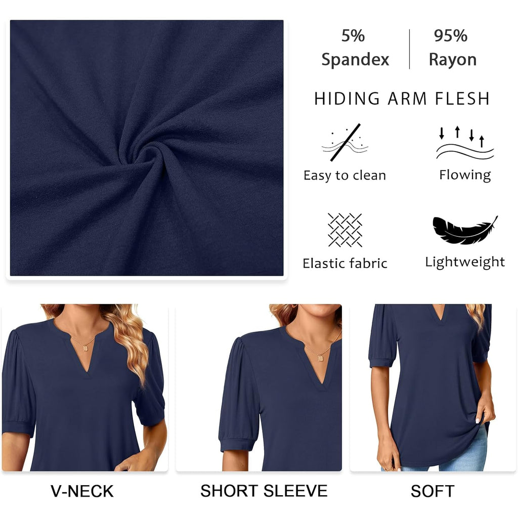 Womens Tunic Tops Summer Dressy Casual Puff Short Sleeve Shirts Work Business Blouses