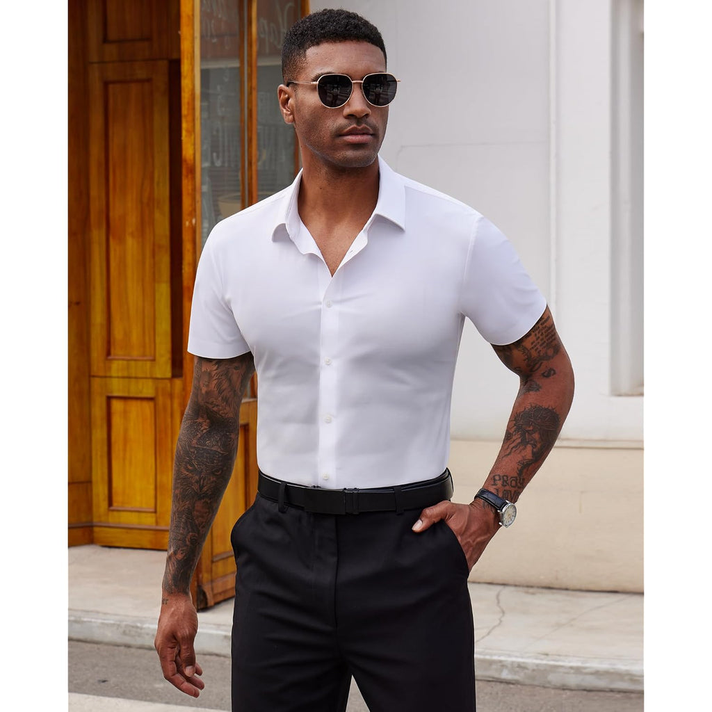 Stretch Dress Shirts For Men Short Sleeve Slim Fit Casual Button Down Shirts Muscle Fit Men'S Dress Shirts