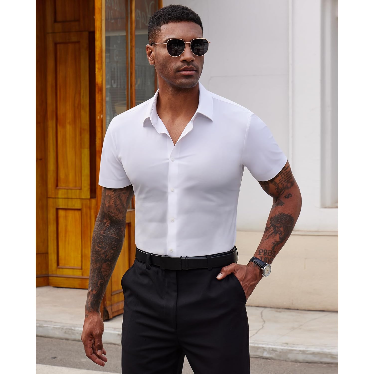 Stretch Dress Shirts For Men Short Sleeve Slim Fit Casual Button Down Shirts Muscle Fit Men'S Dress Shirts