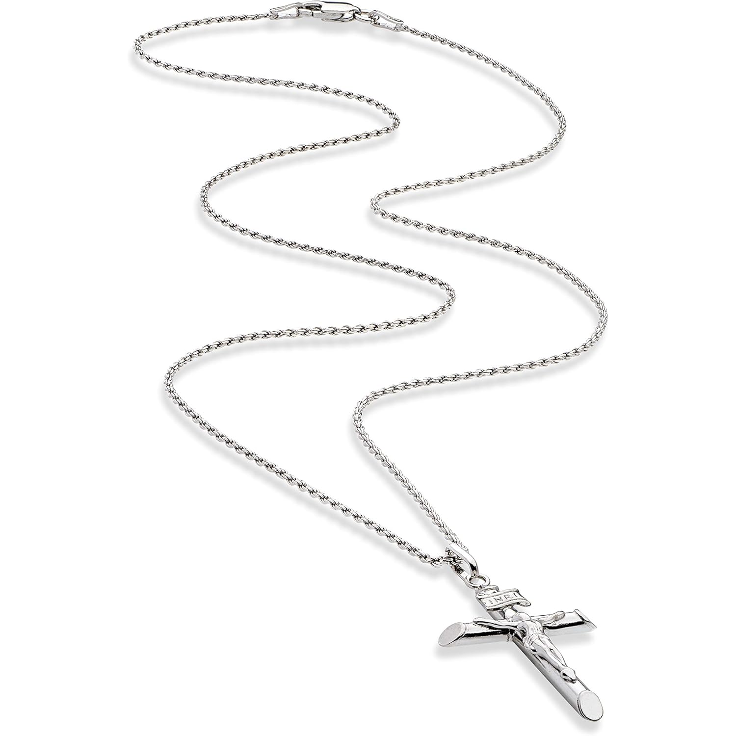 Miabella Rhodium Plated 925 Sterling Silver Small or Large Crucifix Necklace for Men Women, Cross Pendant with Rope Chain, Made in Italy