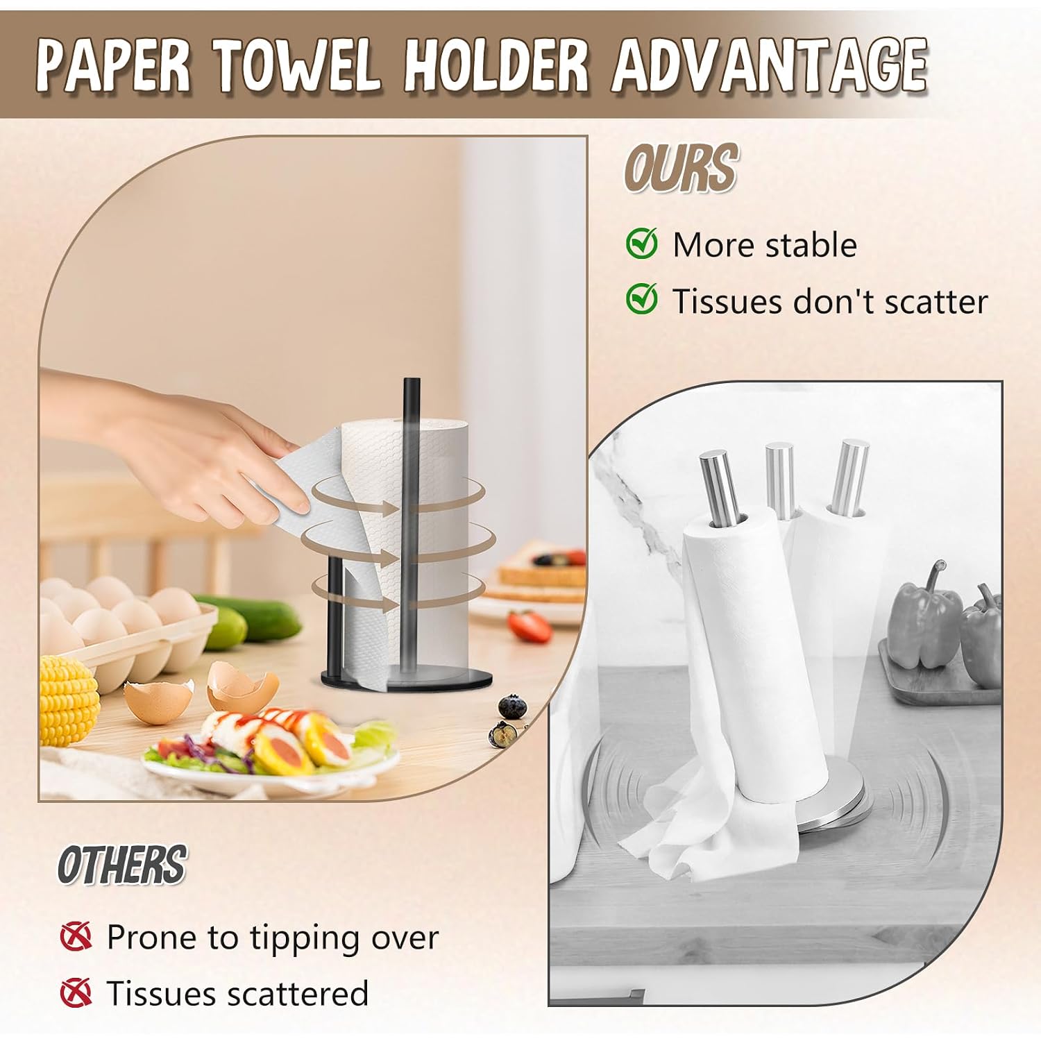 Paper Towel Holder Countertop, Premium Stainless Steel Black Paper Towel Holder With Anti Slip & Waterproof, Freestanding Countertop Paper Towels Holder For Kitchen, Tabletop, Bathroom