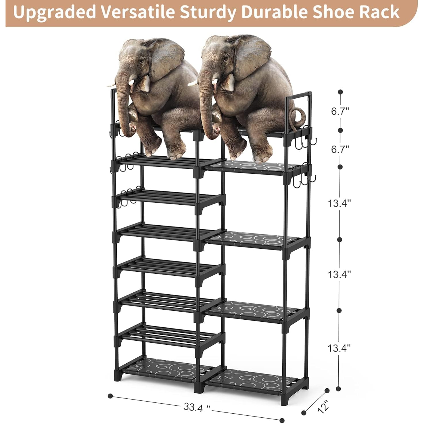 ROJASOP Shoe Rack Organizer, 8-Tier Metal Shoe Rack for Closet Entryway Garage, 26-32 Pairs Tall Shoe Boot Storage Shelf with 15 Hooks, Stackable Large Shoe Stand