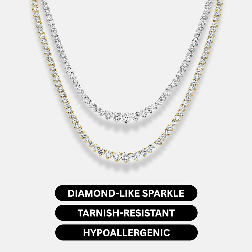 KISPER Graduated Tennis Necklace for Women – 14K Gold Plated 5A CZ Simulated Diamond Necklace – 3-Prong Setting, 3-5mm Stones, Adjustable 15-18"
