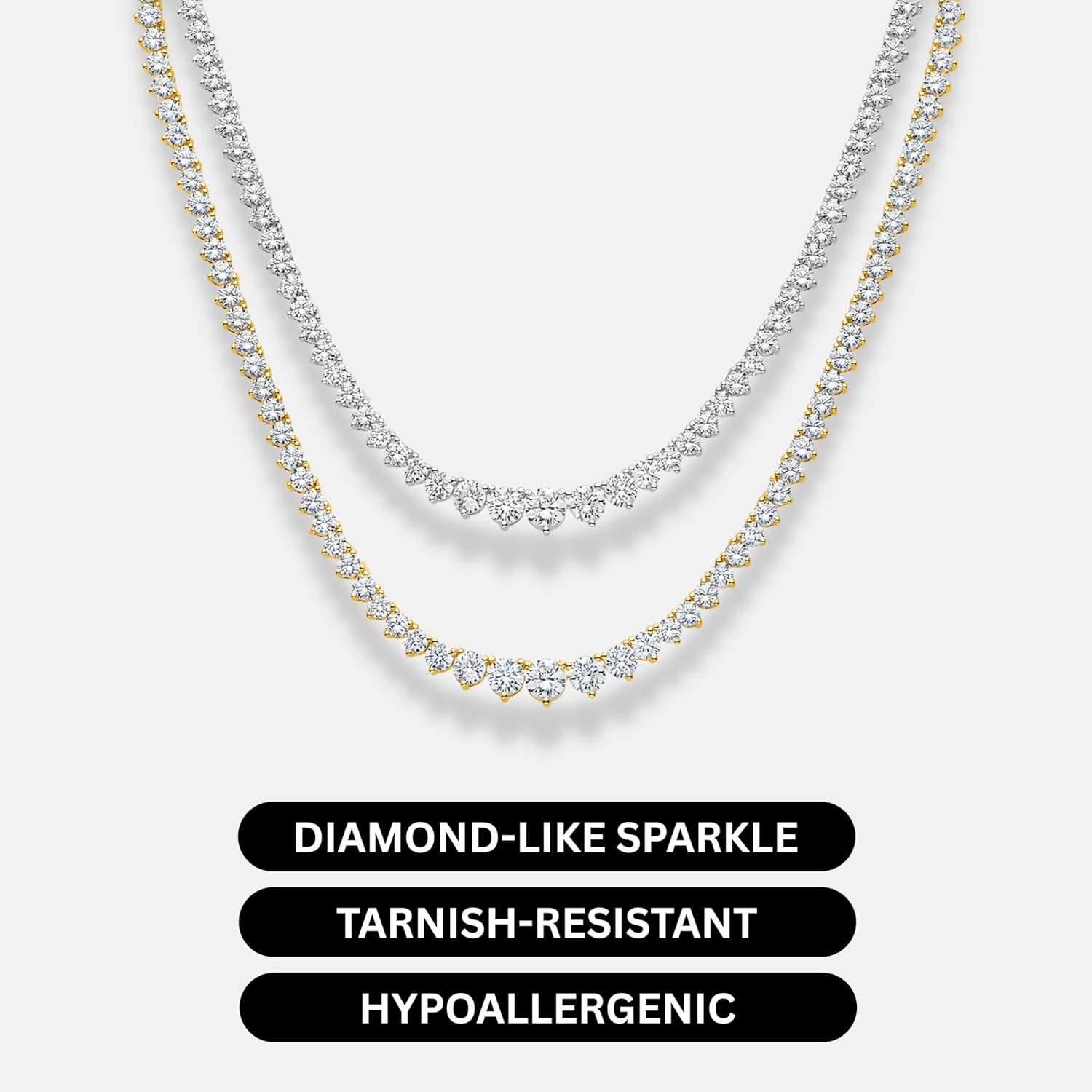 KISPER Graduated Tennis Necklace for Women – 14K Gold Plated 5A CZ Simulated Diamond Necklace – 3-Prong Setting, 3-5mm Stones, Adjustable 15-18"