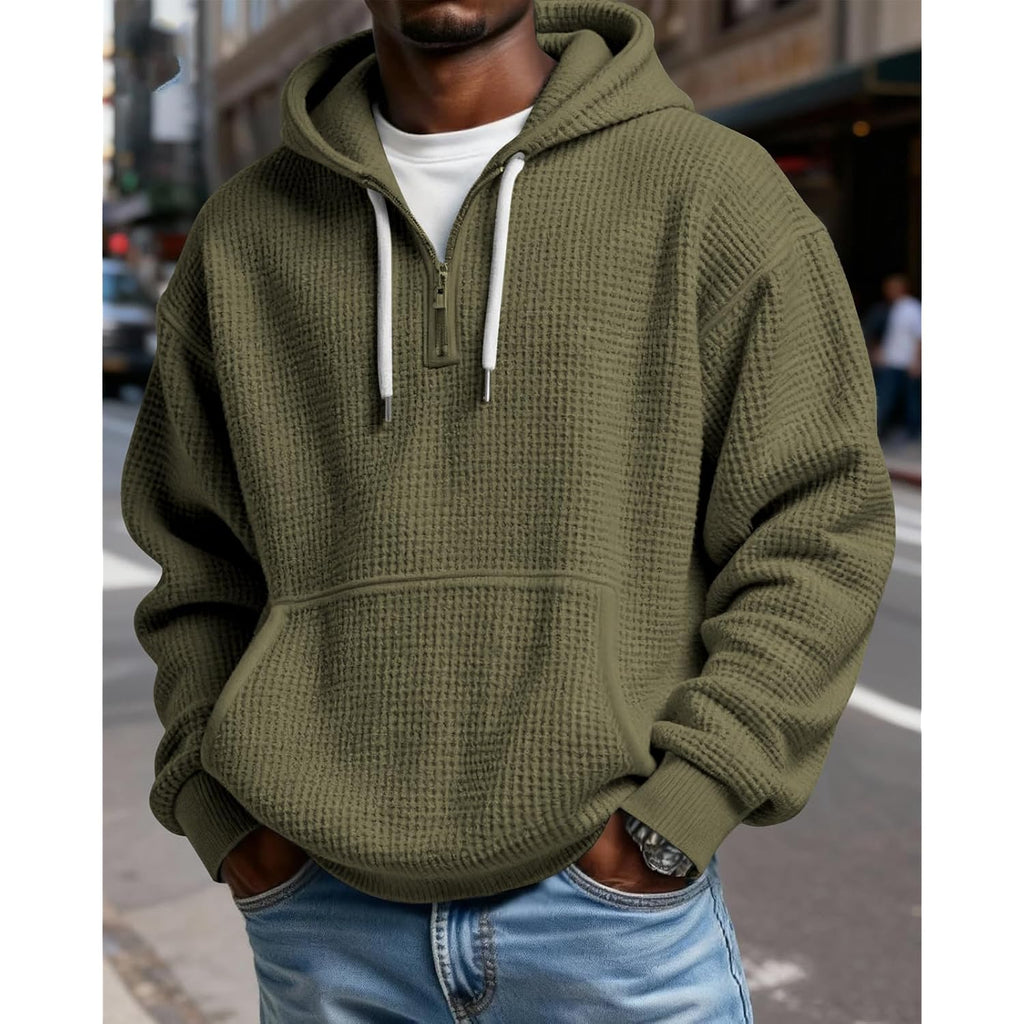 Pidogym Men'S Quarter Zip Hoodie Waffle Knit Pullover Long Sleeve Casual Loose Fit Sweatshirt Hooded Tops With Pockets