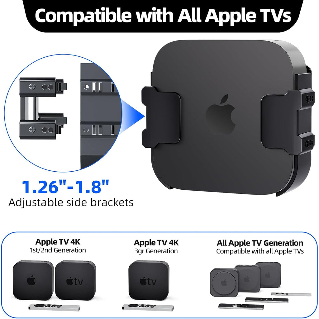 Mount For Apple Tv, Wall Mount Behind Tvs Bracket, Black Apple Tv Holder Compatible With All Apple Television Generations (Including All 4K Models), Easy Screw Mount Or Stick On Back Of Tvs