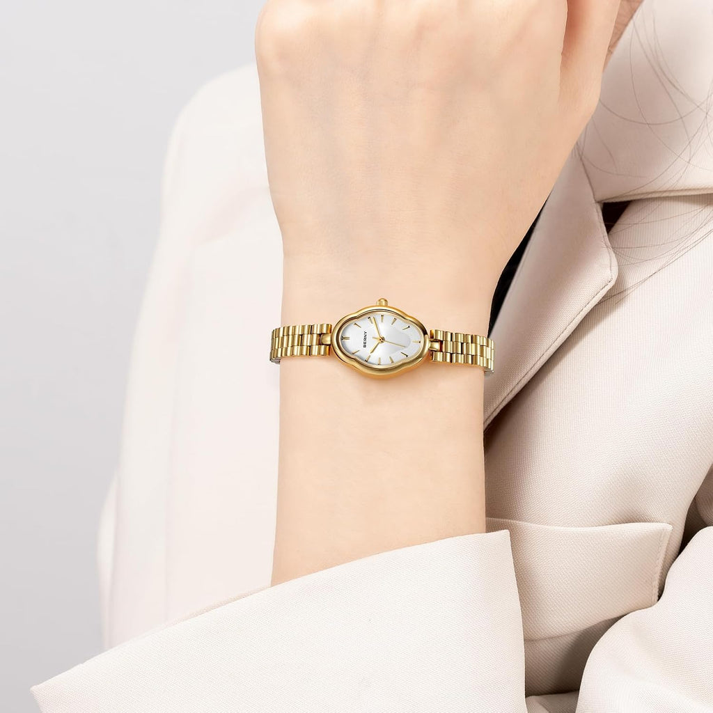 Berny Watches For Women Dainty Ladies Quartz Watch Vintage Copper Mirrors Shape Japanese Quartz Movement 3Atm Waterproof Fashion Female Wrist Watch Luxury Birthday Gifts