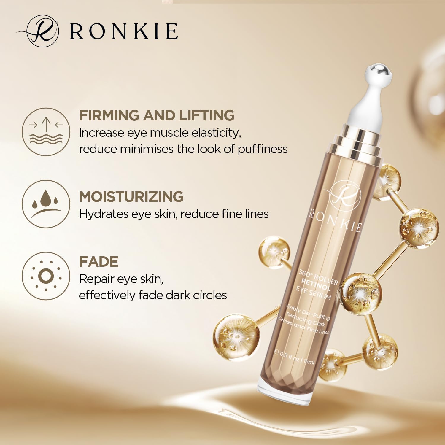 Ronkie Eye Cream For Dark Circles: Under Eye Cream With Retinol Caffeine - Reduces Under Eye Bags And Fine Lines (Gold, 15Ml)