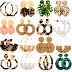 16 Pairs Trendy Statement Acrylic Rattan Earrings for Women-Fashion Summer Beach Vacation Boho Jewelry Set