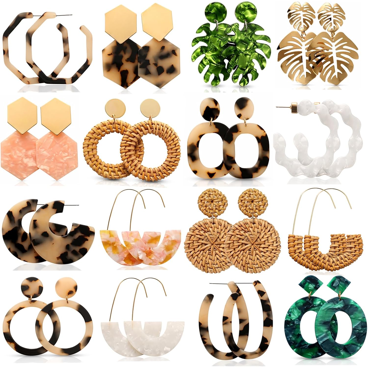 16 Pairs Trendy Statement Acrylic Rattan Earrings for Women-Fashion Summer Beach Vacation Boho Jewelry Set