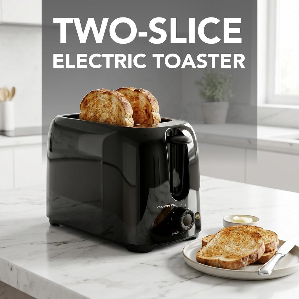 Ovente Electric 2 Slice Toaster Machine With 6-Shade Browning Selector Setting, Compact Design And Removable Crumb Tray, 700W Power Perfect For Toasting Bread, Thin Bagels And Waffles, Black Tp2210B