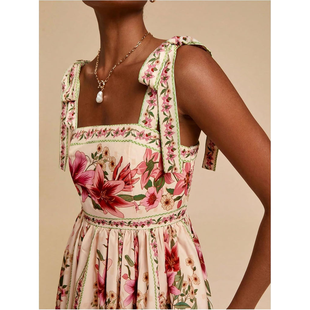 Oyoangle Women'S Boho Dress Floral Tropical Vacation Dress Sleeveless Tie Shoulder Summer Flowy Mini Dress Sundress