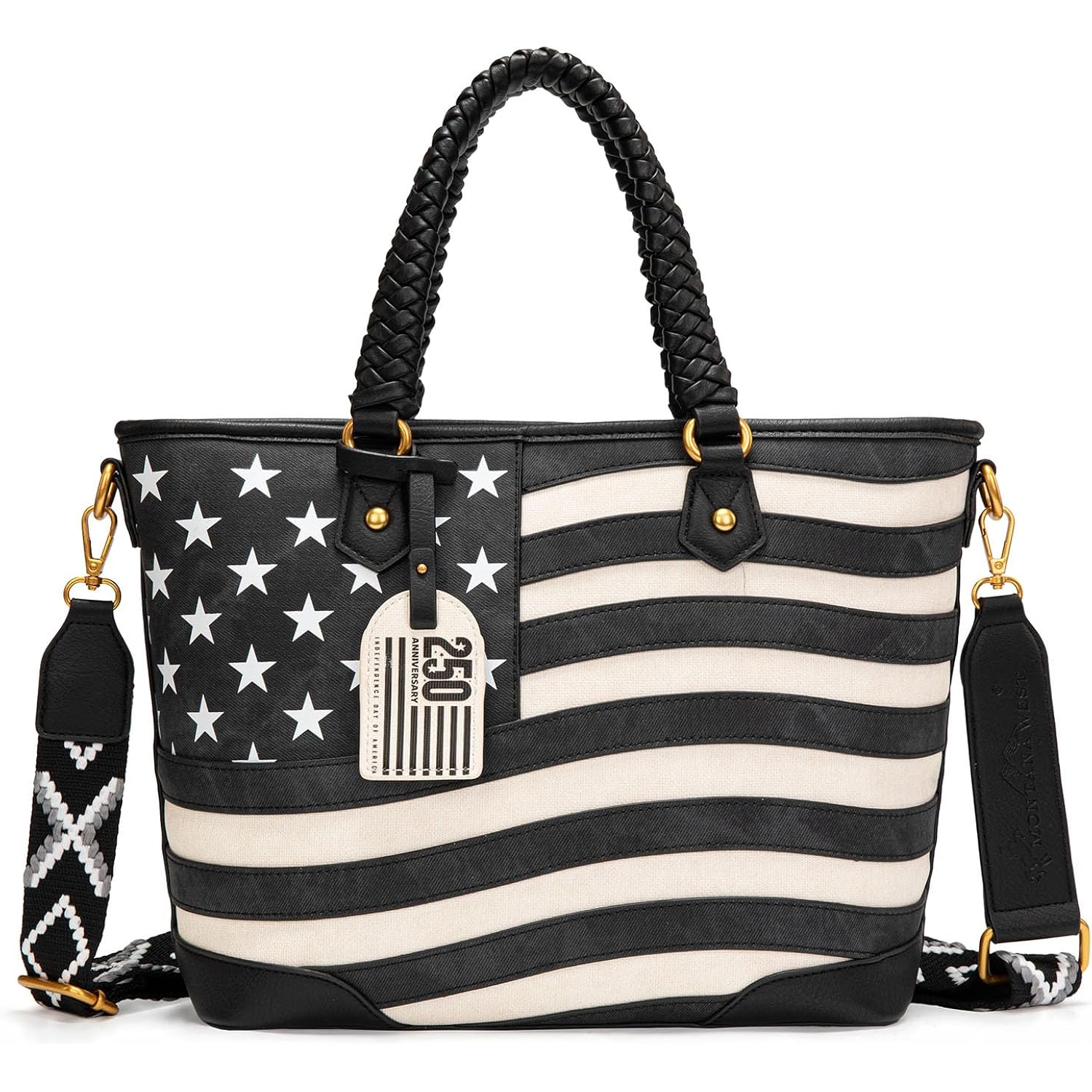 Montana West American Flag Tote Bag for Women Vintage Patriotic Western Shoulder Purse with Braided Top Handles