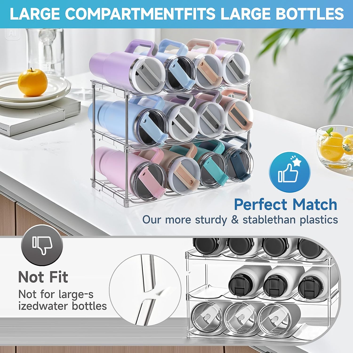 Larger Water Bottle Organizer For Stanley 40 Oz Tumbler, Stackable Water Bottle Holder Rack For Cabinet, Kitchen Storage Organizer For For Stanley Cup Accessories, Tumbler Storage Holder, 3 Pack