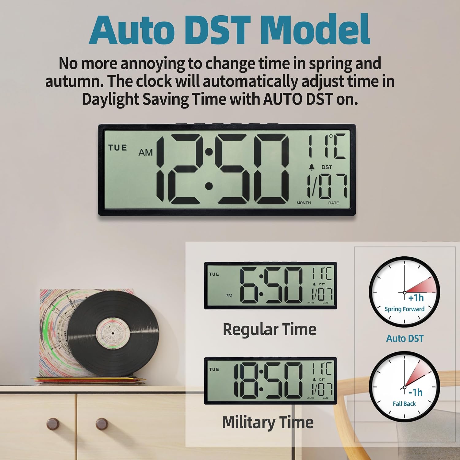 15" Large Digital Wall Clock Battery Operated Black, Clock With Large Display Numbers, Calendar, Auto Dst, Clocks For Living Room, Kitchen, Office, Bedroom