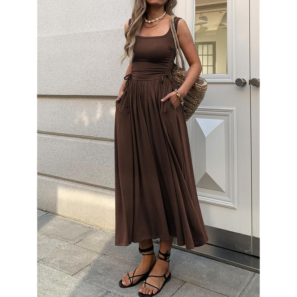 Mieazom Women’S Boho Summer Maxi Dress With Pockets, Adjustable Waist, Sleeveless Casual Ruched Sundress For Beach Vacation