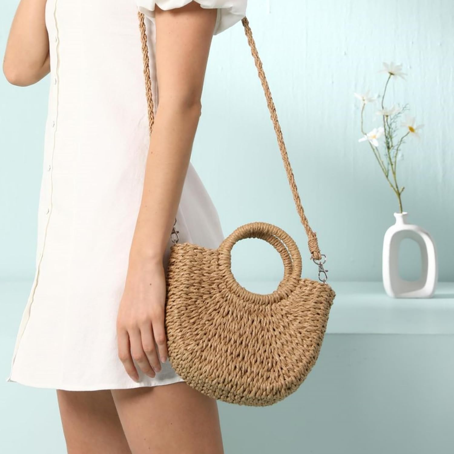 JOLLQUE Straw Beach Bag for Women, Crochet Crossbody Bags Small Boho Purse,Top Handle Cute Woven Handbag Wicker Clutch 2026