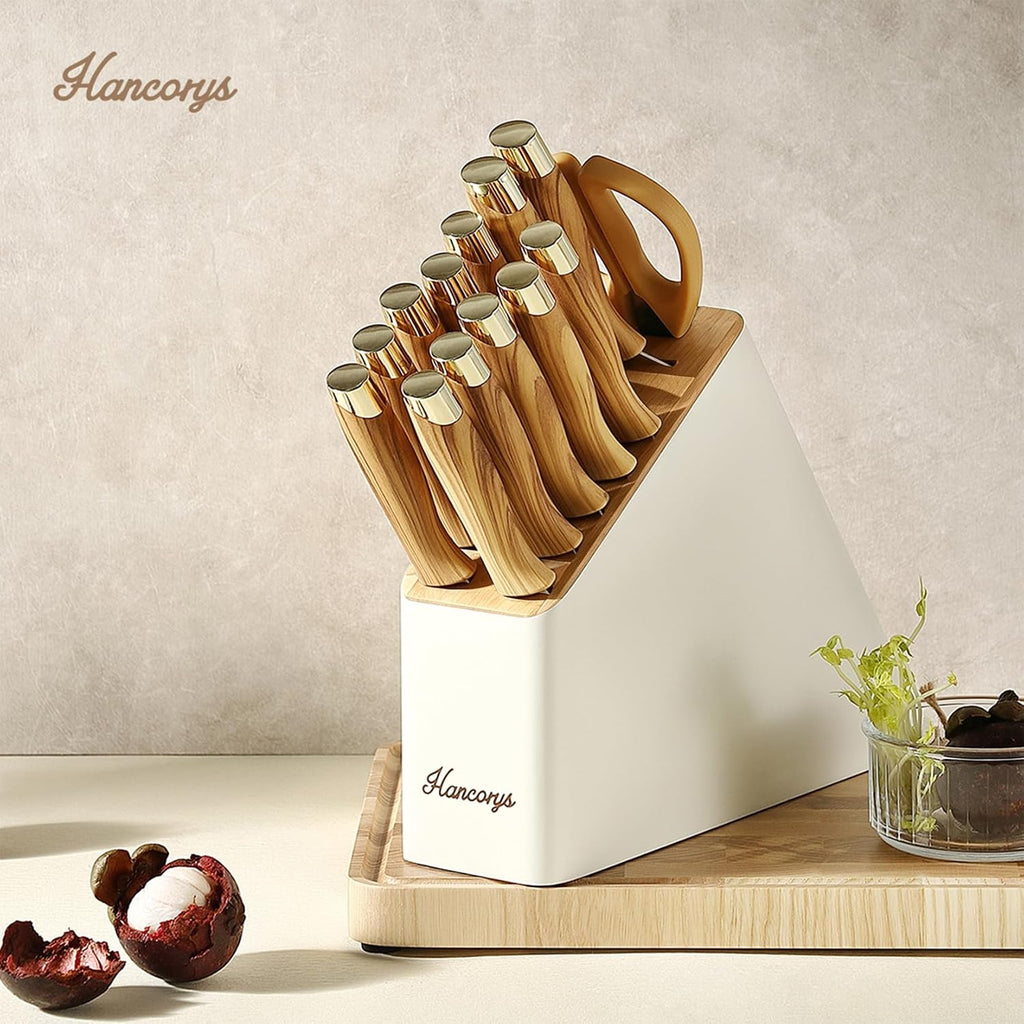 Knife Block Set, Hancorys Kitchen Knife Set With Sharpener, German Stainless Steel Gold Knives Set With Block And Ergonomic Wood Grain Handle, Ultra Sharp Cooking Knives