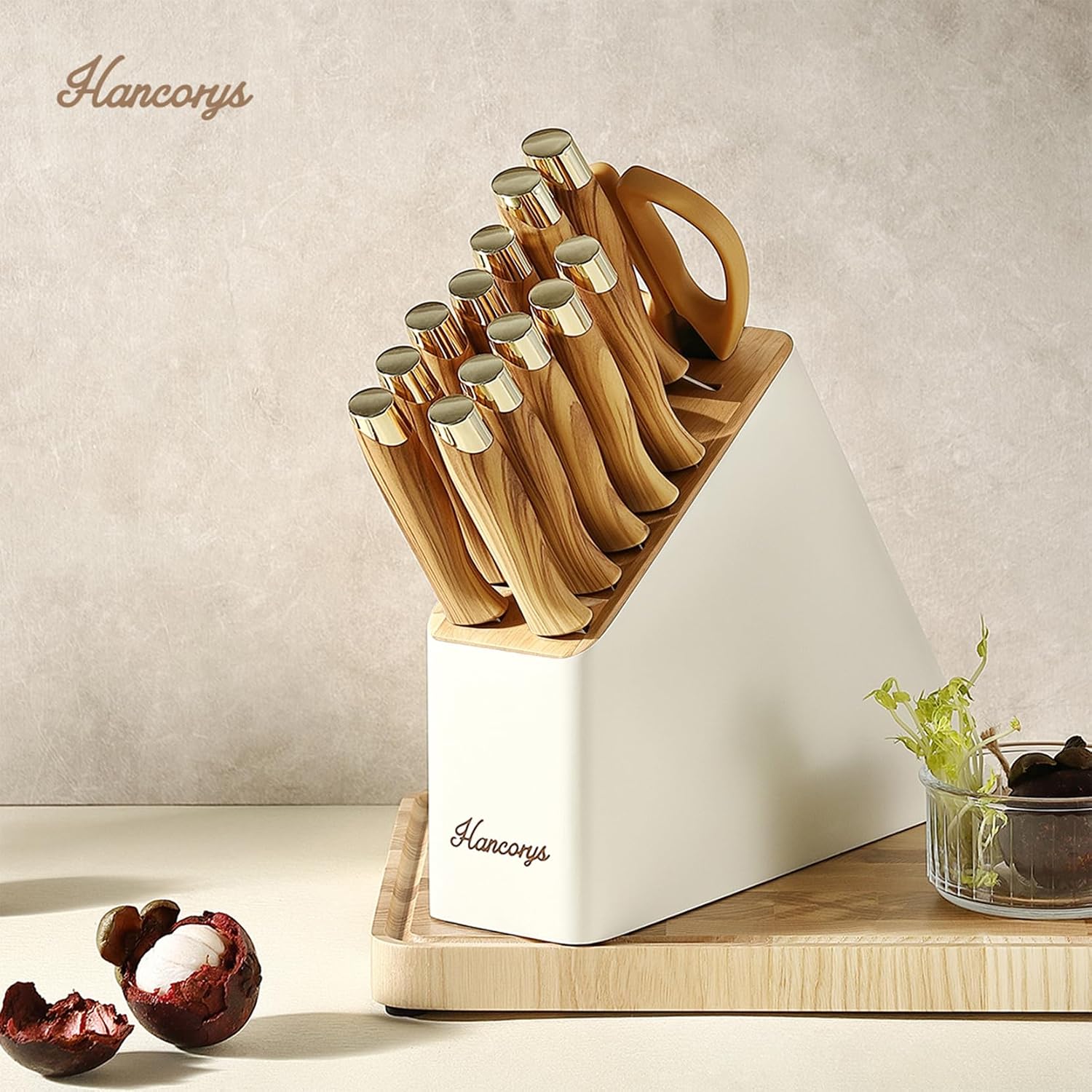 Knife Block Set, Hancorys Kitchen Knife Set With Sharpener, German Stainless Steel Gold Knives Set With Block And Ergonomic Wood Grain Handle, Ultra Sharp Cooking Knives
