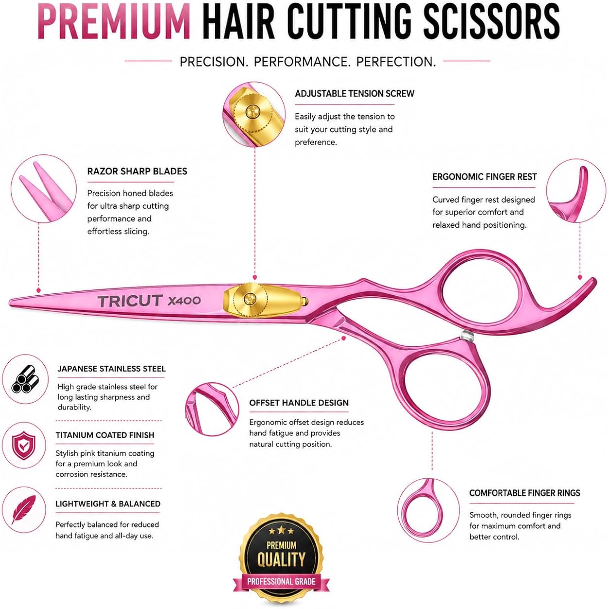 X400 Professional Barber Scissors 6.5” – Pink Hair Cutting Shears For Men & Women Japanese Stainless Steel, Adjustable Tension Screw, Ergonomic Handle Includes Comb & Leather Case