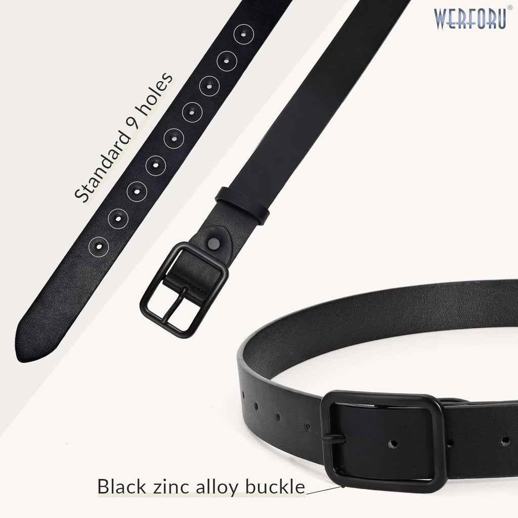WERFORU Women Classic Black Leather Belt With Square Silver Buckle For Jeans Pants,1.3" width