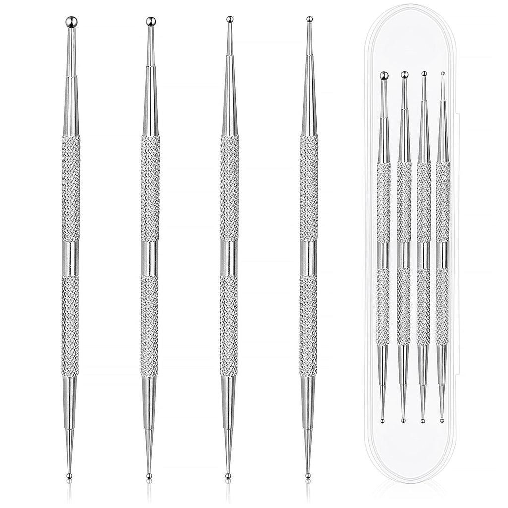 Jeffdad Nail Dotting Tool, 4 Pcs Professional Double-ended Nail Art Tools with Box, Dot Pen Metal Dot pen Nail Polish Paint Pen Dot Diamond Pattern Stainless Steel Dotting Tools Nail art(silver)