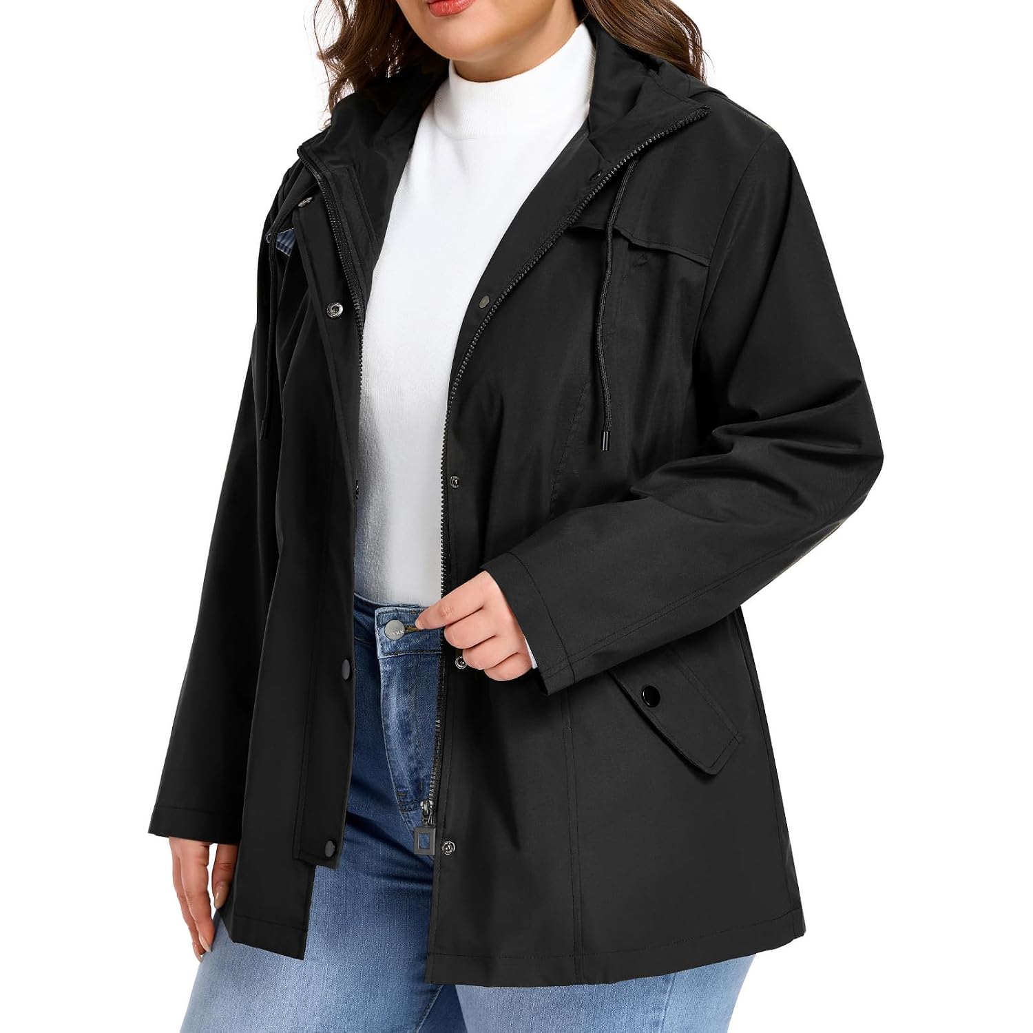 Saphirose Women'S Plus Size Rain Jacket Waterproof Rain Coat | Raincoat, Windbreaker, Lightweight, With Hood, Lining, Drawstring Waist, Snap Pockets, Daily Wear, Hiking, Outdoor, Travel