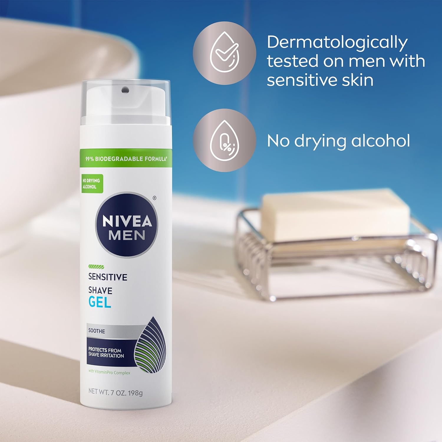 NIVEA MEN Sensitive Shave Gel, Shaving Gel for Men with Sensitive Skin, Enriched with VitaminPro Complex, 7 Oz Can, Pack of 3