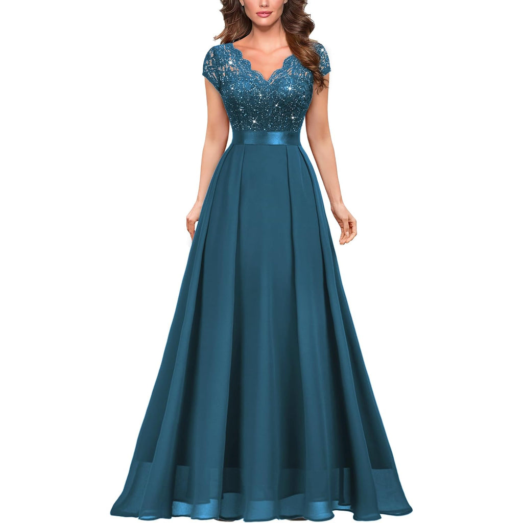 Miusol Women'S Elegant V-Neck Cap Sleeve Sequined Floral Lace Formal Party Maxi Dress