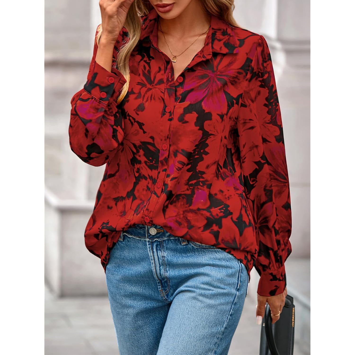 Women's Floral Blouses Dressy Casual V Neck Button Down Shirts Lantern Long Sleeve Boho Chiffon Spring Tops 2026