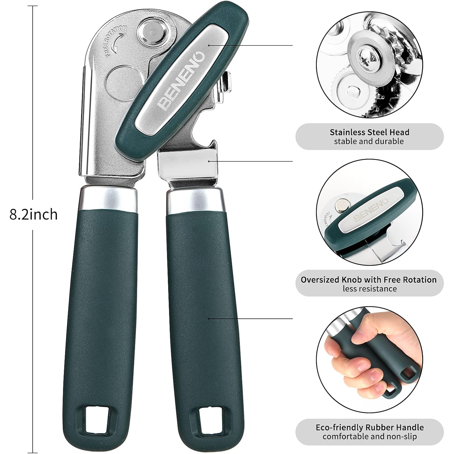 Beneno Heavy Duty Hand Can Opener Manual With Magnet, Durable Sharp Carbon Steel Blade Smooth Cutting, Big Effort-Saving Knob & Soft Grip Handle, Multifunctional Kitchen Tool With Bottle Opener, Green