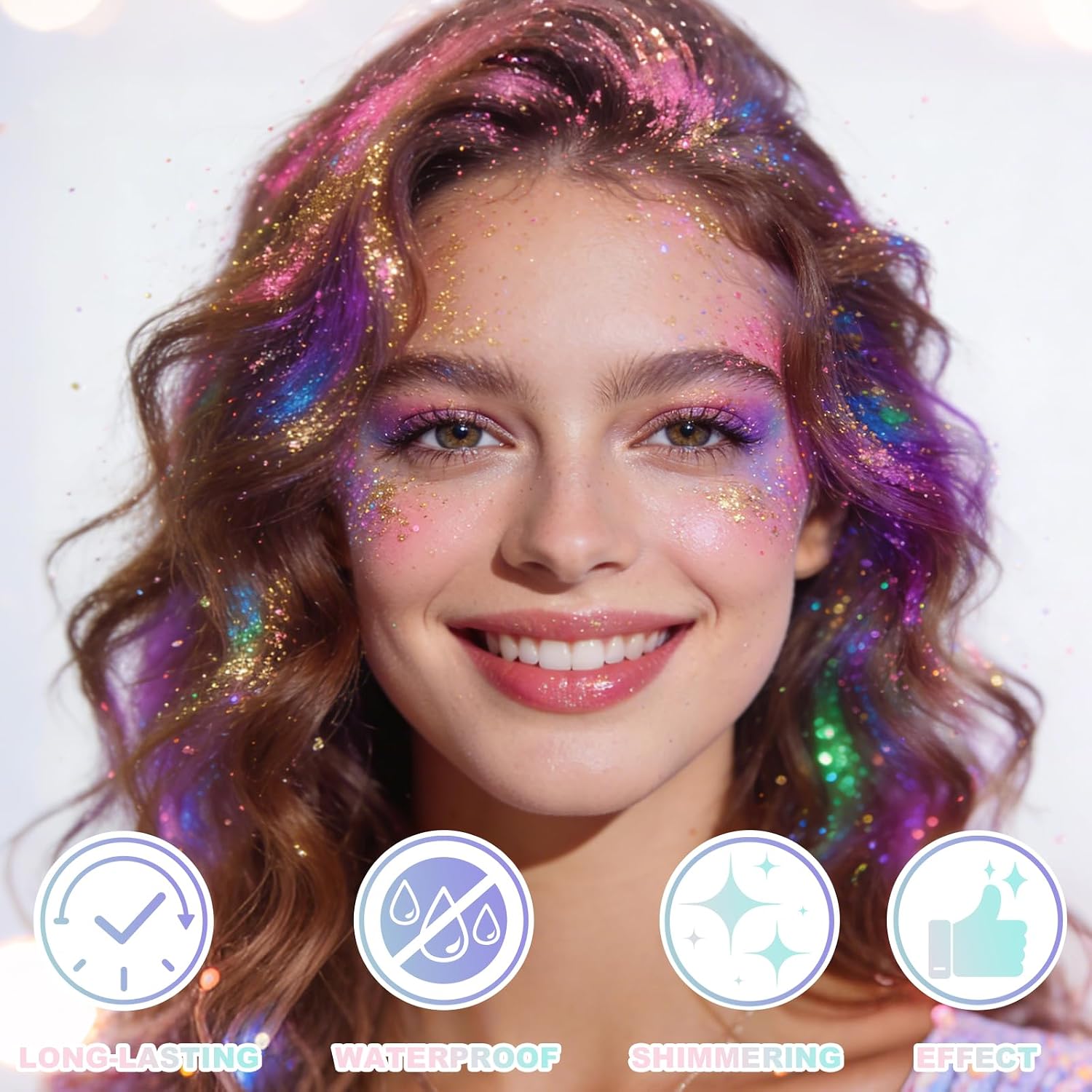Roll-On Holographic Body Glitter Gel For Women, Sparkle Chunky Glitter Makeup For Christmas New Year Festival Halloween Party Rave, Face Glitter Makeup For Face Body Hair Lips (Pastel)
