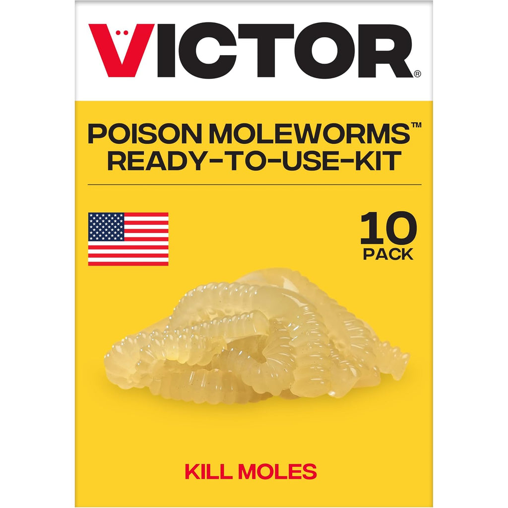 Victor Poison Moleworms, 10-Pack | Mole Killer Bait Worms, 5 Tunnel Locator Flags, Underground Pest Control In Lawns And Yards, Effective Mole Poisoning