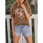 GEMLON Graphic T-Shirts for Women Loose Print Short Sleeve Tops Summer Casual Tees Shirt Brown Cow Skull