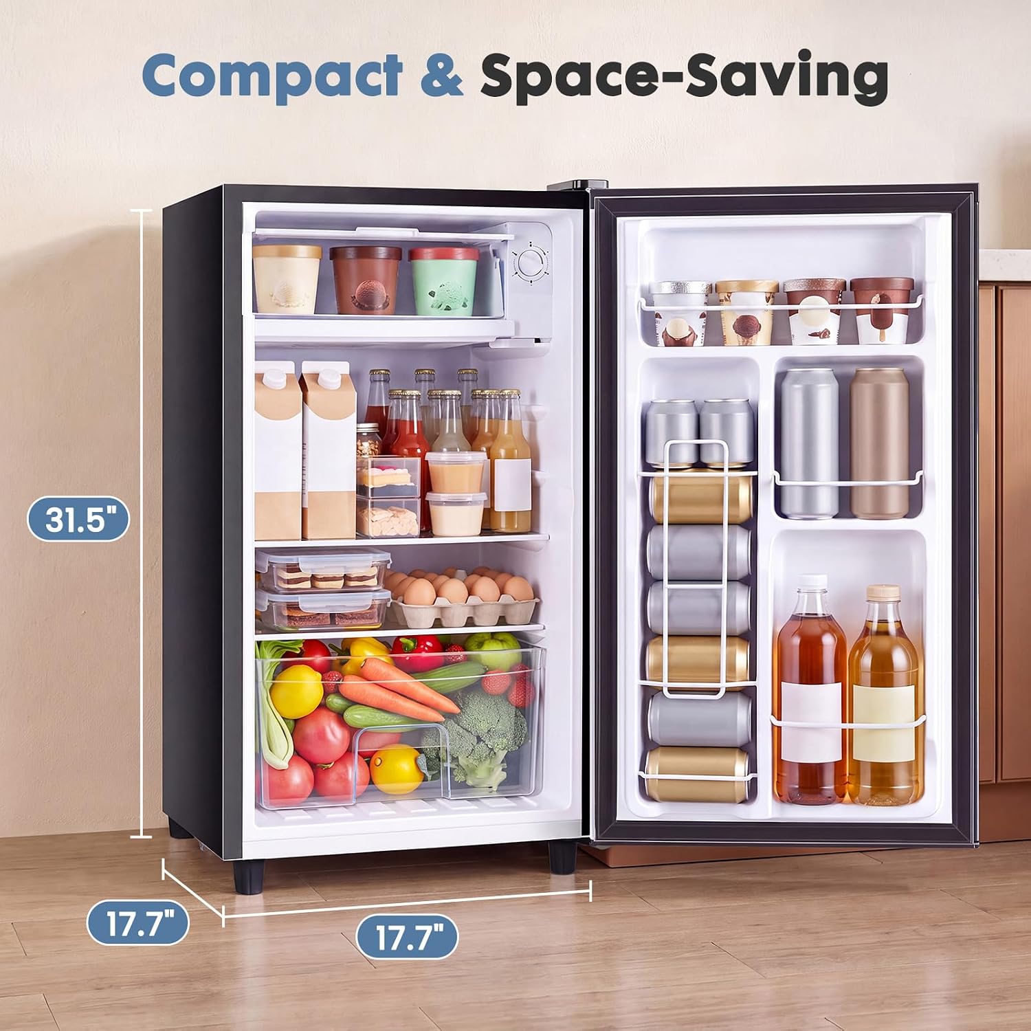 Dumos 3.2 Cu.Ft Mini Fridge With Freezer, Single Door Refrigerator With Adjustable Thermostat, Compact Small Fridge For Bedroom, Office, Dorm, Black, Single Door