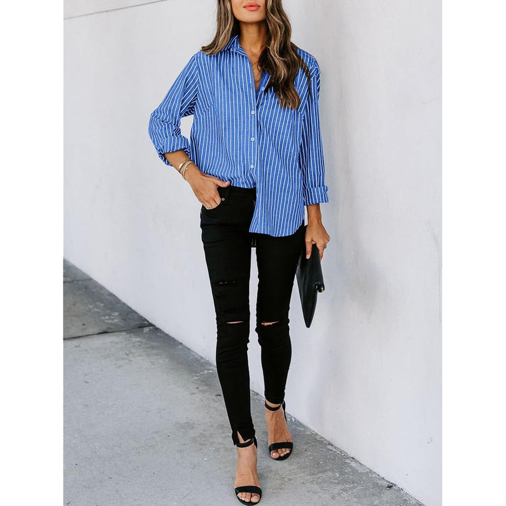 Womens Button Down Shirts Cotton Striped Dress Shirt Long Sleeve Collared Office Work Blouses Tops