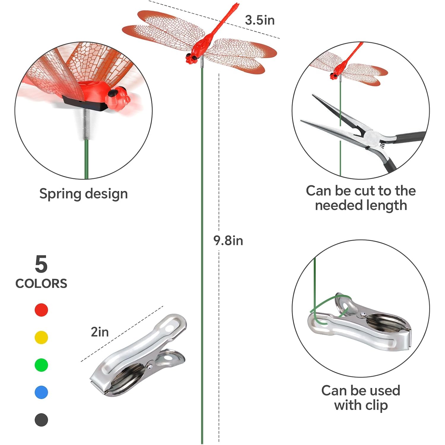 Nihome 15Pcs Decorative Dragonflies Clips Decor For Garden, 9.8" Long Multicolor Waterproof Outdoor & Indoor Use, Versatile Clip-On Plant Decoration, Includes Pliers For Easy Attachment