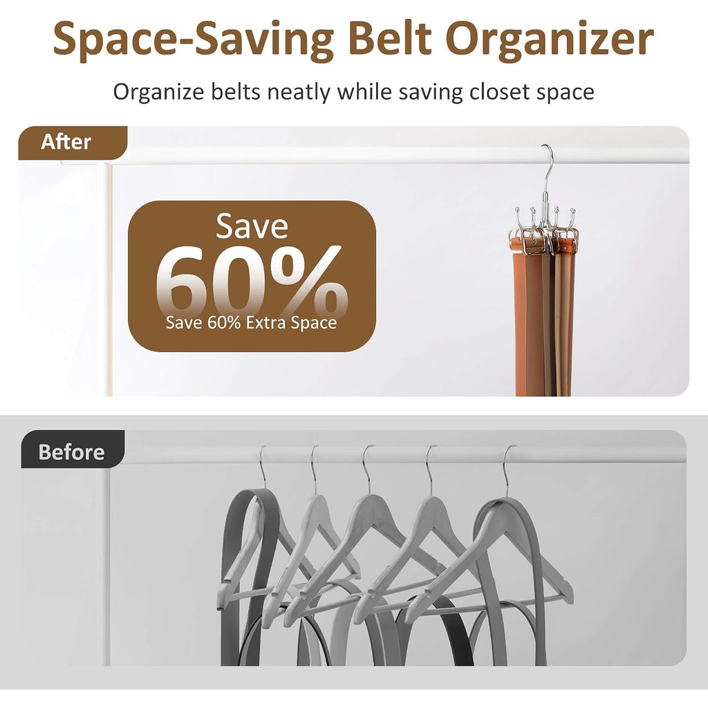 Belt Organizer For Closet, Heavy-Duty Rotating Belt Hanger Tie Rack Holds Up To 24 Belts, Hanging Space Saving Metal Belt Holder For Closet Storage