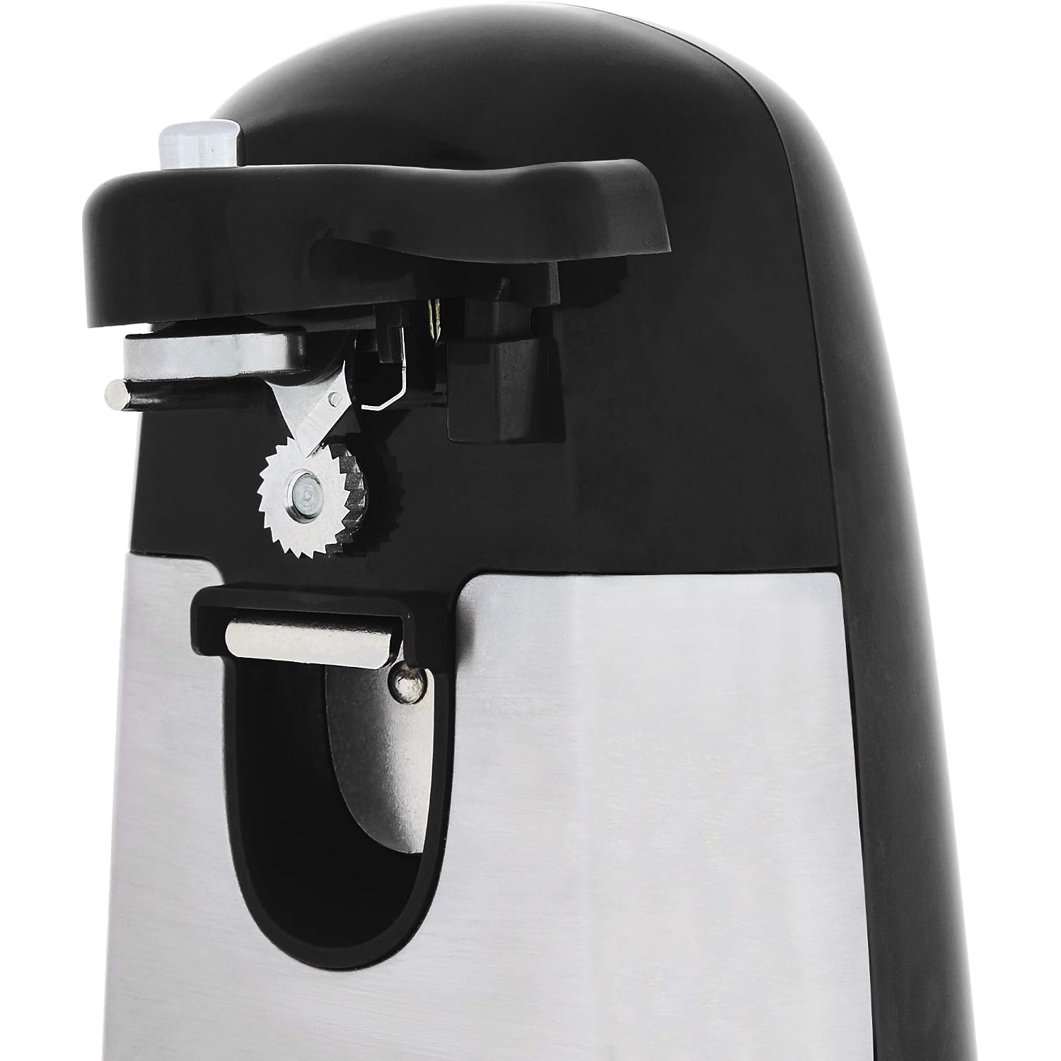 Amazon Basics 3-In-1 Electric Can Opener, Bottle Opener And Knife Sharpener With Stainless Steel Blade, Magnetic Lid Holder, Safe, Easy To Use, Powerful, Sleek Design, 50W, Black
