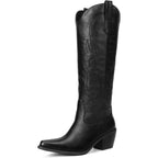 Western Cowboy Boots For Women - Knee High Wide Calf Cowgirl Boots, Slip On Pointed Toe Chunky Heel Fashion Retro Classic Pull On Tall Boot For Ladies Party Concert