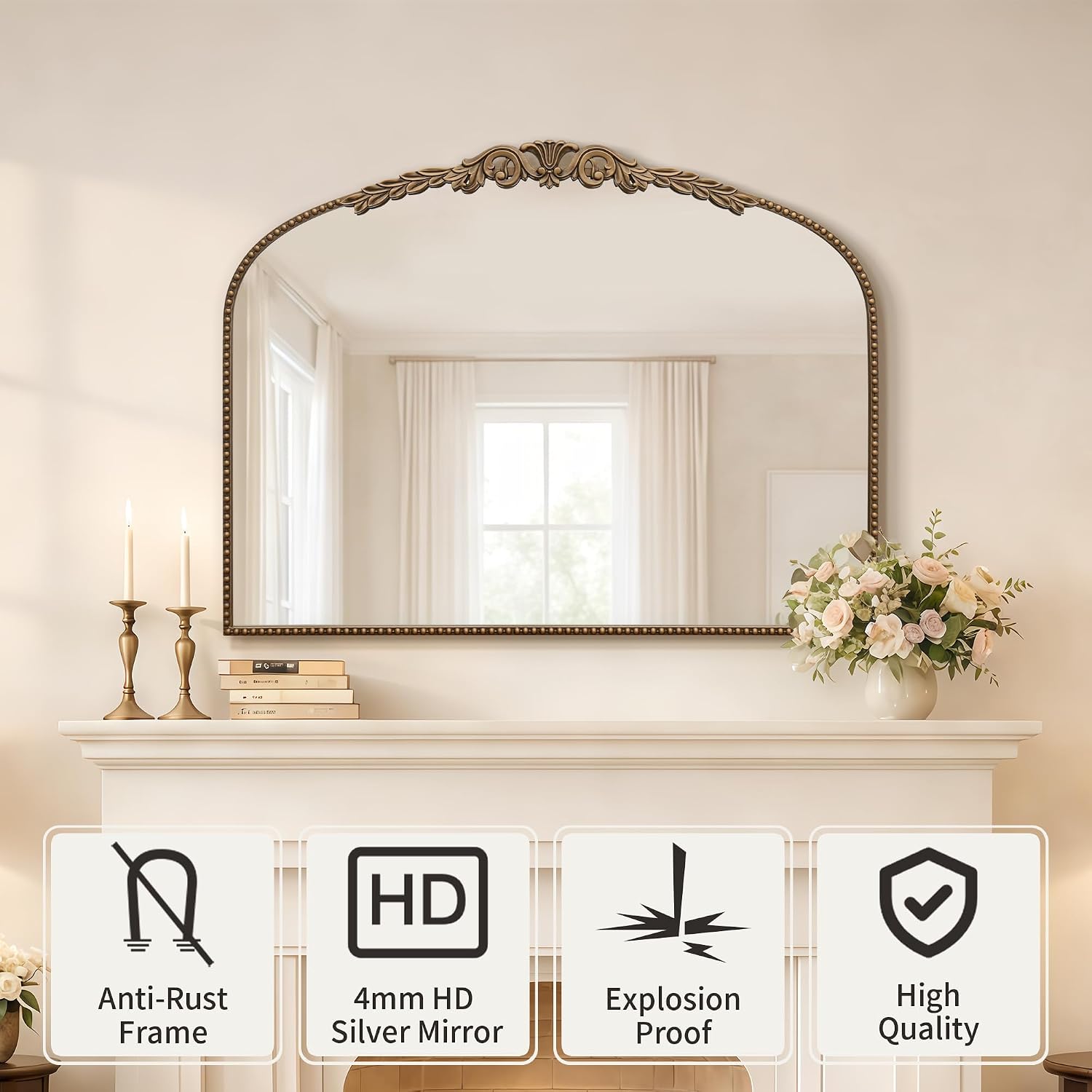 Gold Large Arched Mirror: 40"X29" French Vintage Dresser Mirror | Traditional Ornate Antique For Bedroom/Fireplace/Entryway/Living Room - Ideal For Home Interior Upgrade