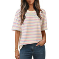 MEROKEETY Women's 2026 Summer Short Sleeve Tops Casual Colourful Striped Crewneck Loose Work T Shirts Blouses