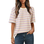 MEROKEETY Women's 2026 Summer Short Sleeve Tops Casual Colourful Striped Crewneck Loose Work T Shirts Blouses