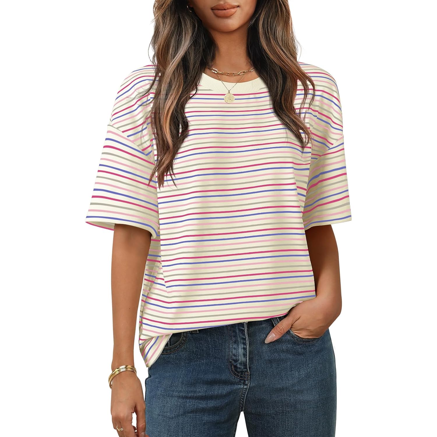 MEROKEETY Women's 2026 Summer Short Sleeve Tops Casual Colourful Striped Crewneck Loose Work T Shirts Blouses