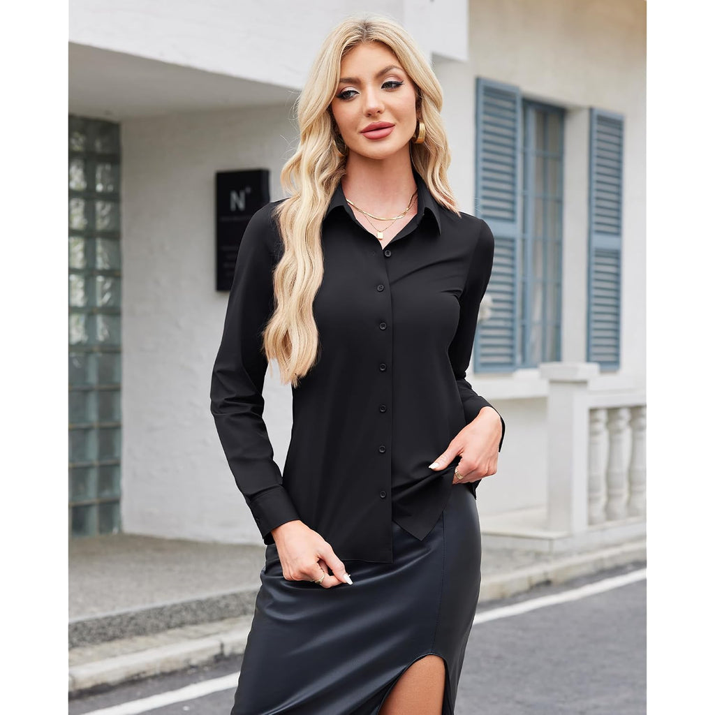 Siliteelon Button Down Shirts For Women Stretch Long Sleeve Fitted Business Casual Collar Tops Work Wrinkle Free